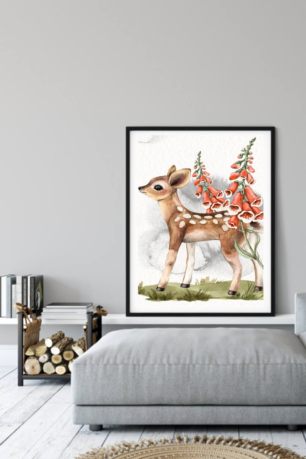 In the gray room there is a large picture in a dark frame with a painted little deer.