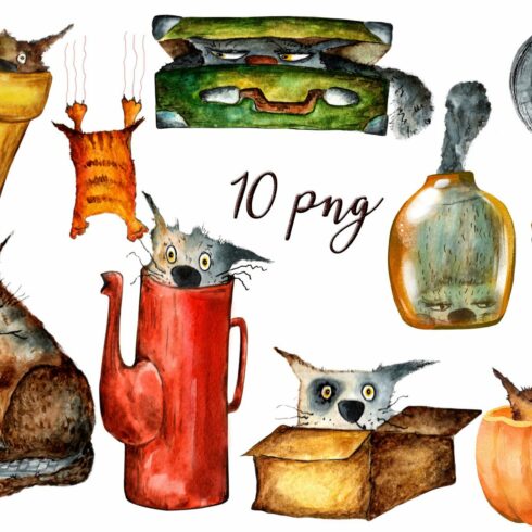 Funny cats watercolor drawings png | MasterBundles