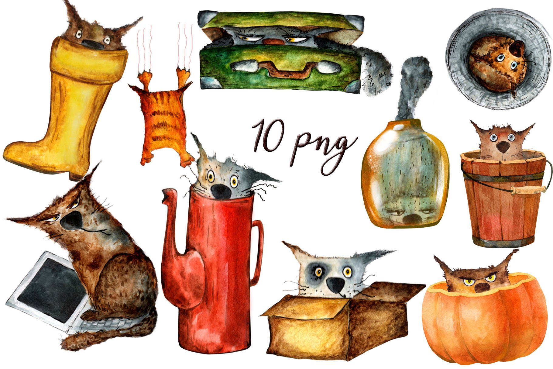 funny cats watercolor drawings png elements.