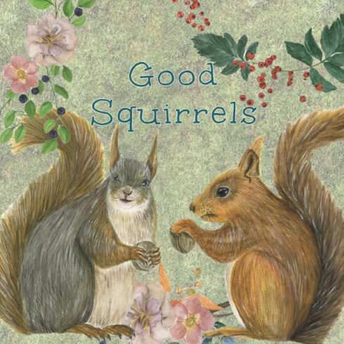Two squirrels hold nuts in their paws.