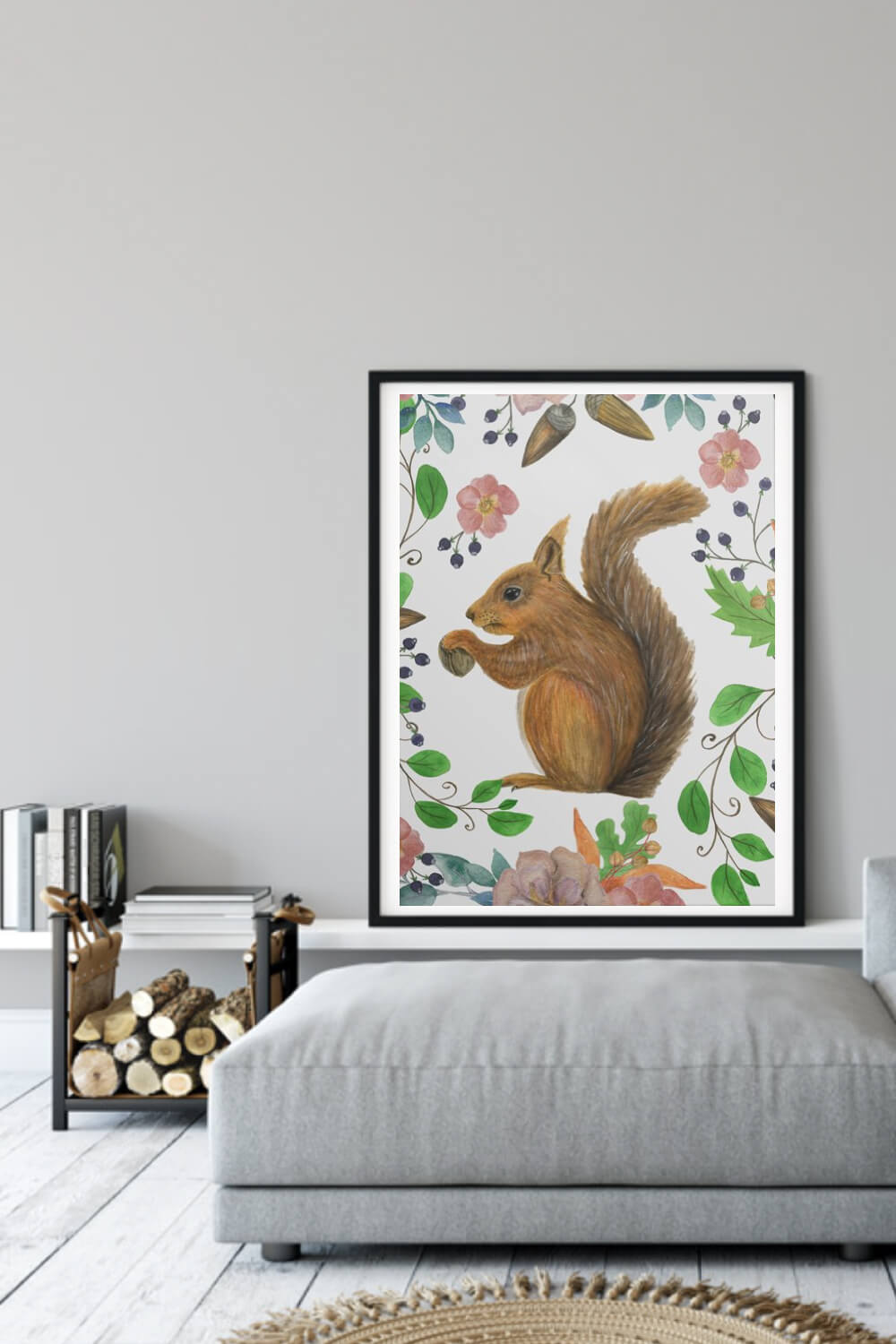 A large painting of a painted squirrel in a gray room.