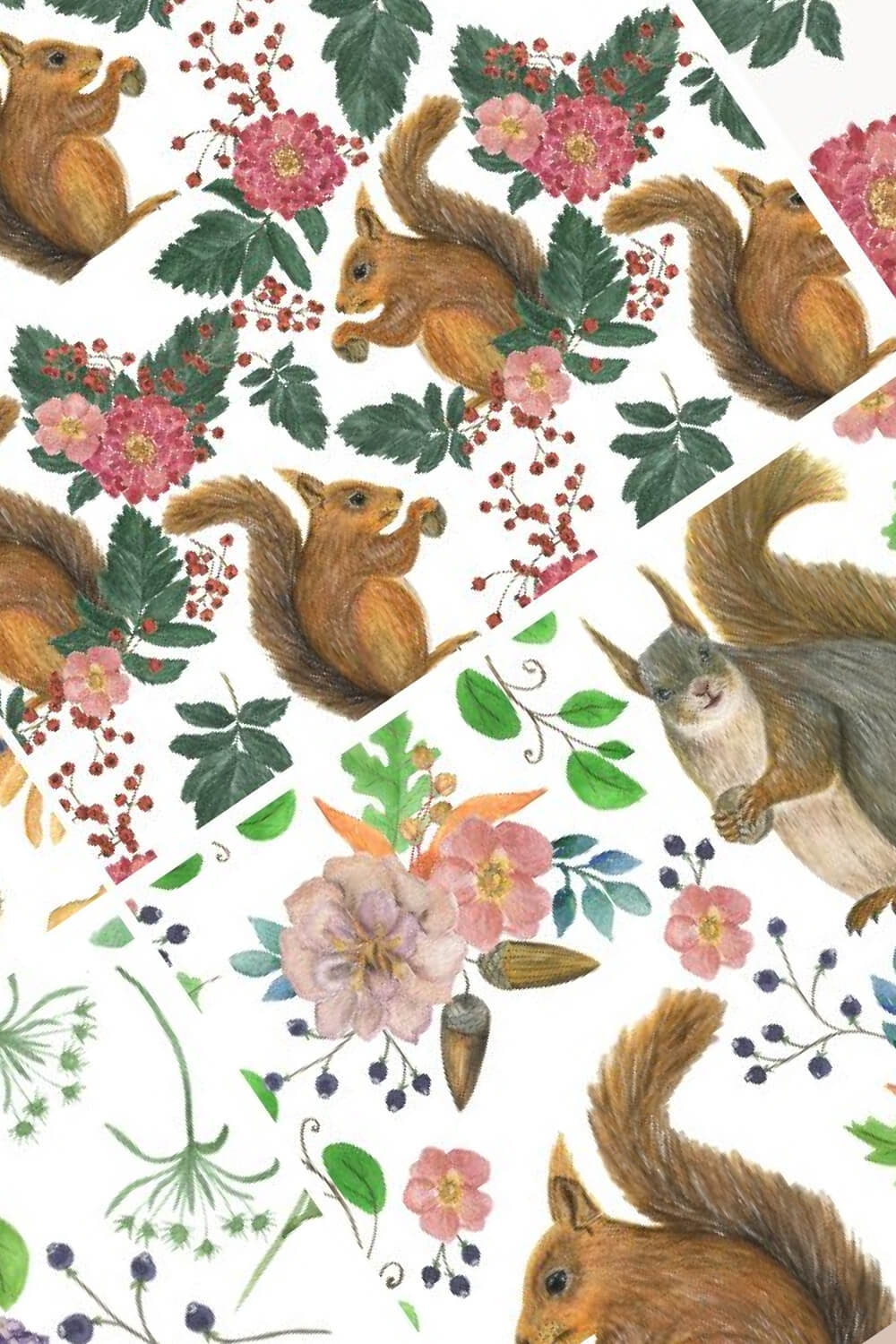 Diagonal image of prints with squirrels and berries.