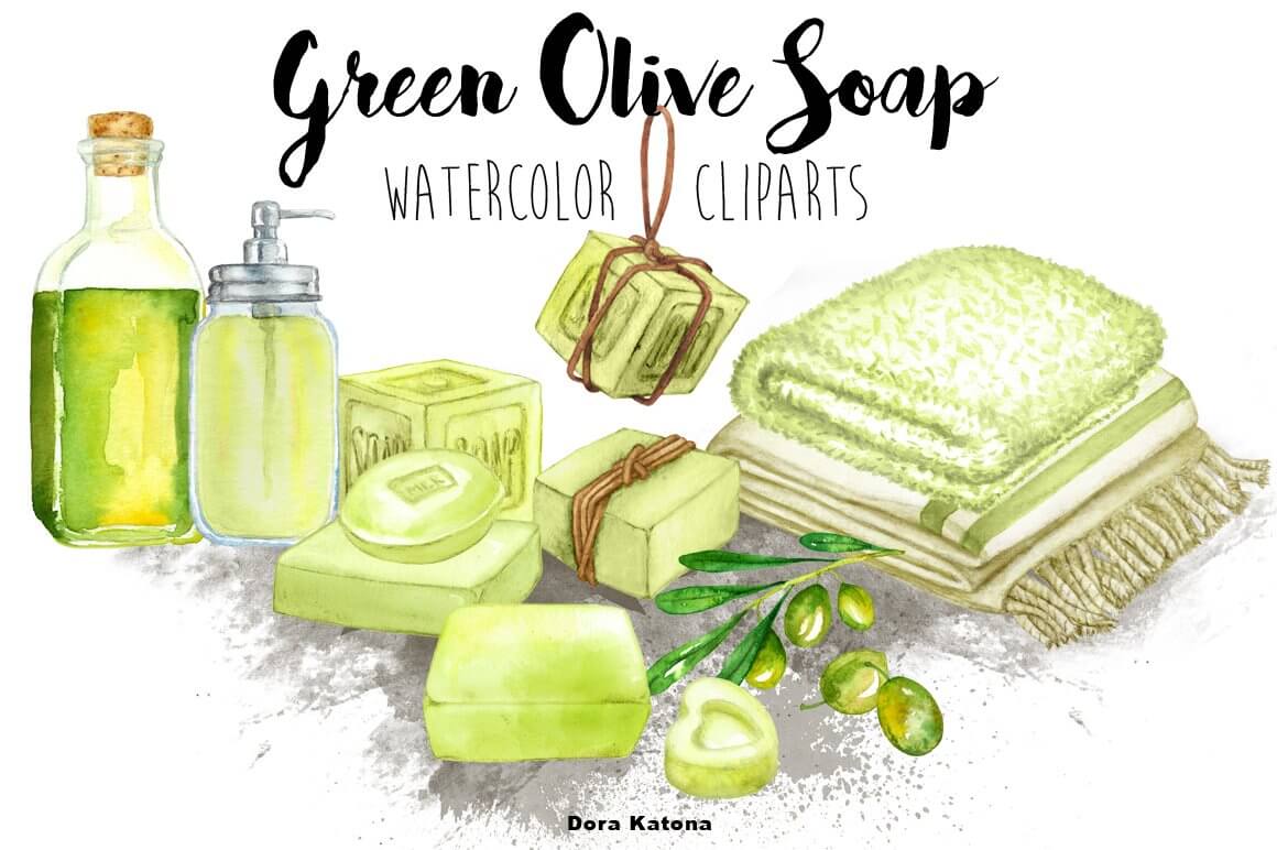 Green olive soap watercolor clipart.