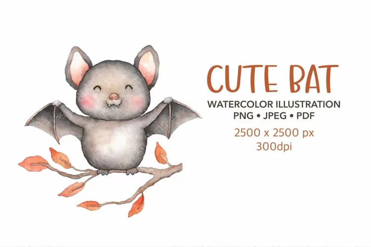 Halloween Bat. Watercolor Illustration. Cute Animals facebook image.