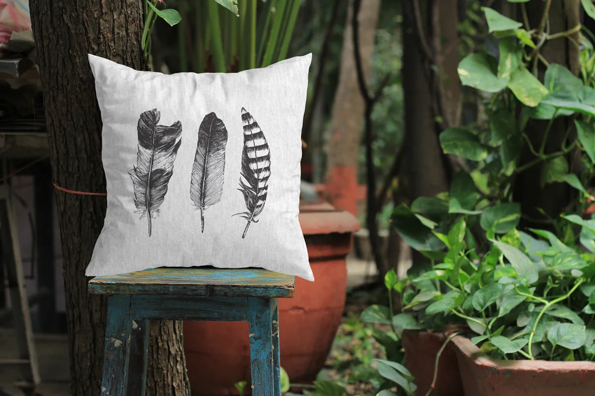 hand sketched feathers pillow mockup.