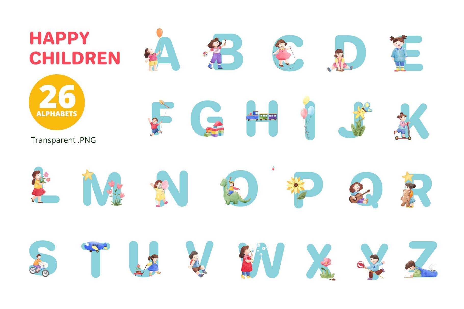 happy children spring watercolor illustration letters example.