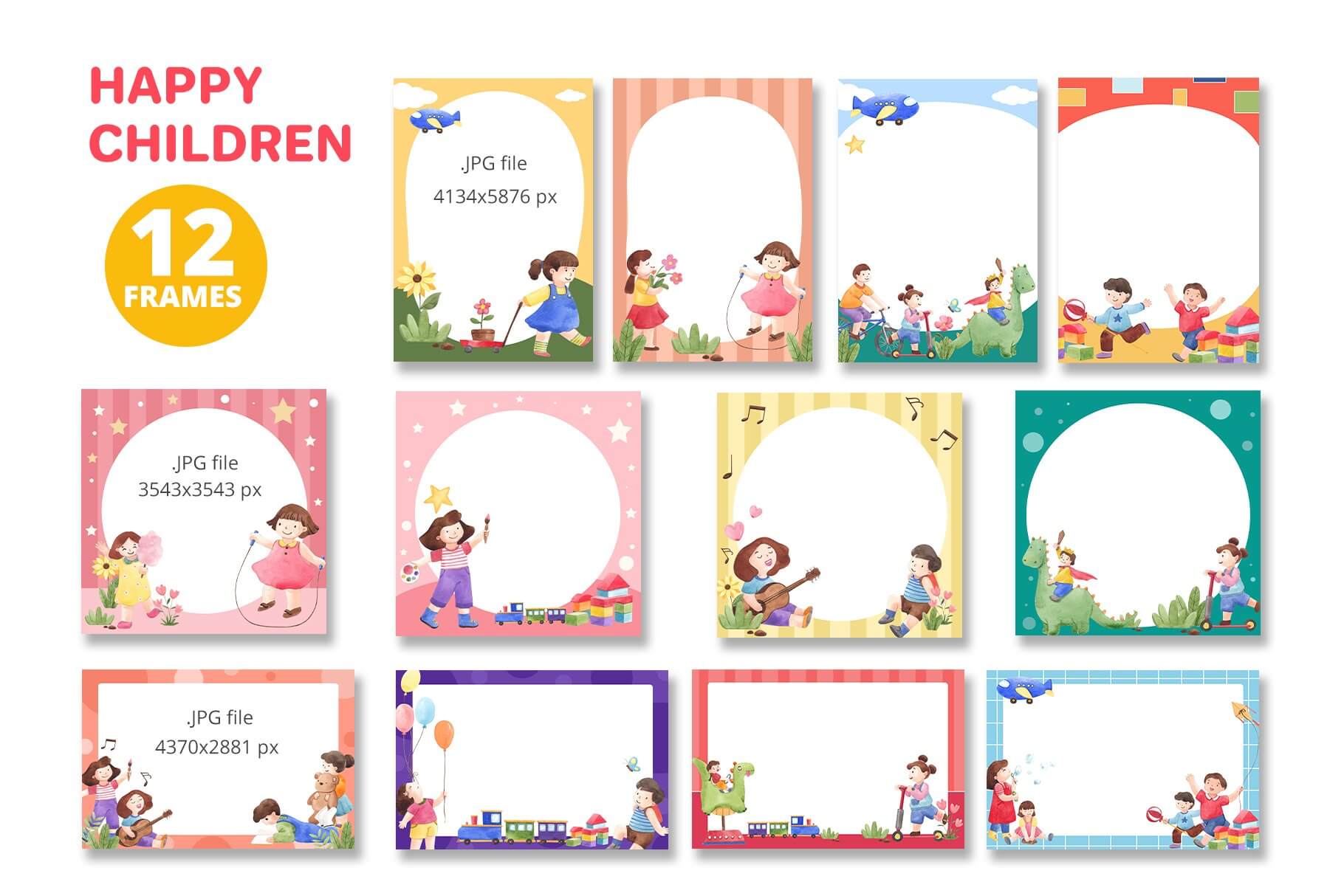 happy children spring watercolor illustration frames example.