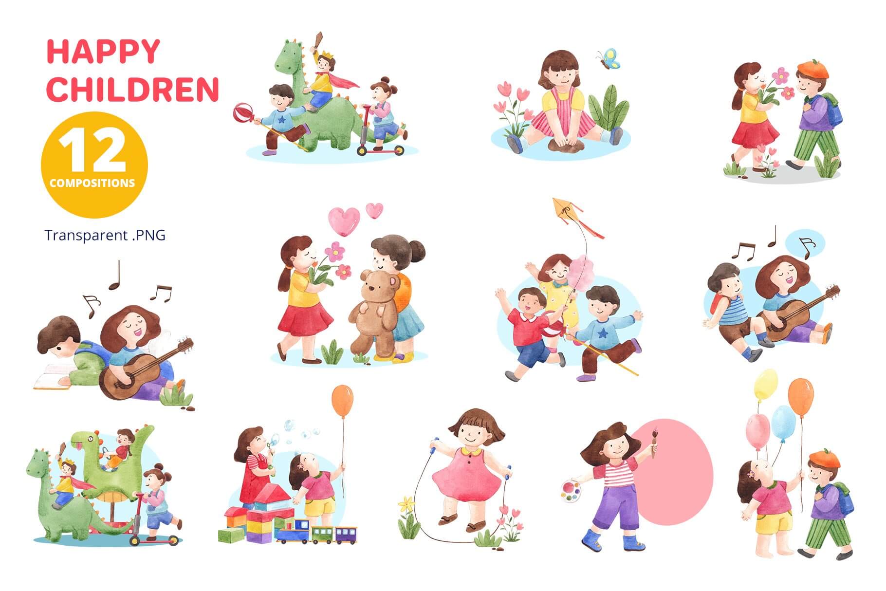 happy children spring watercolor illustration compositions example.
