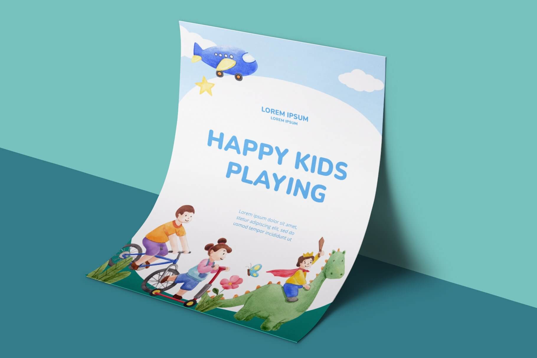 happy children spring watercolor illustration card blue example.