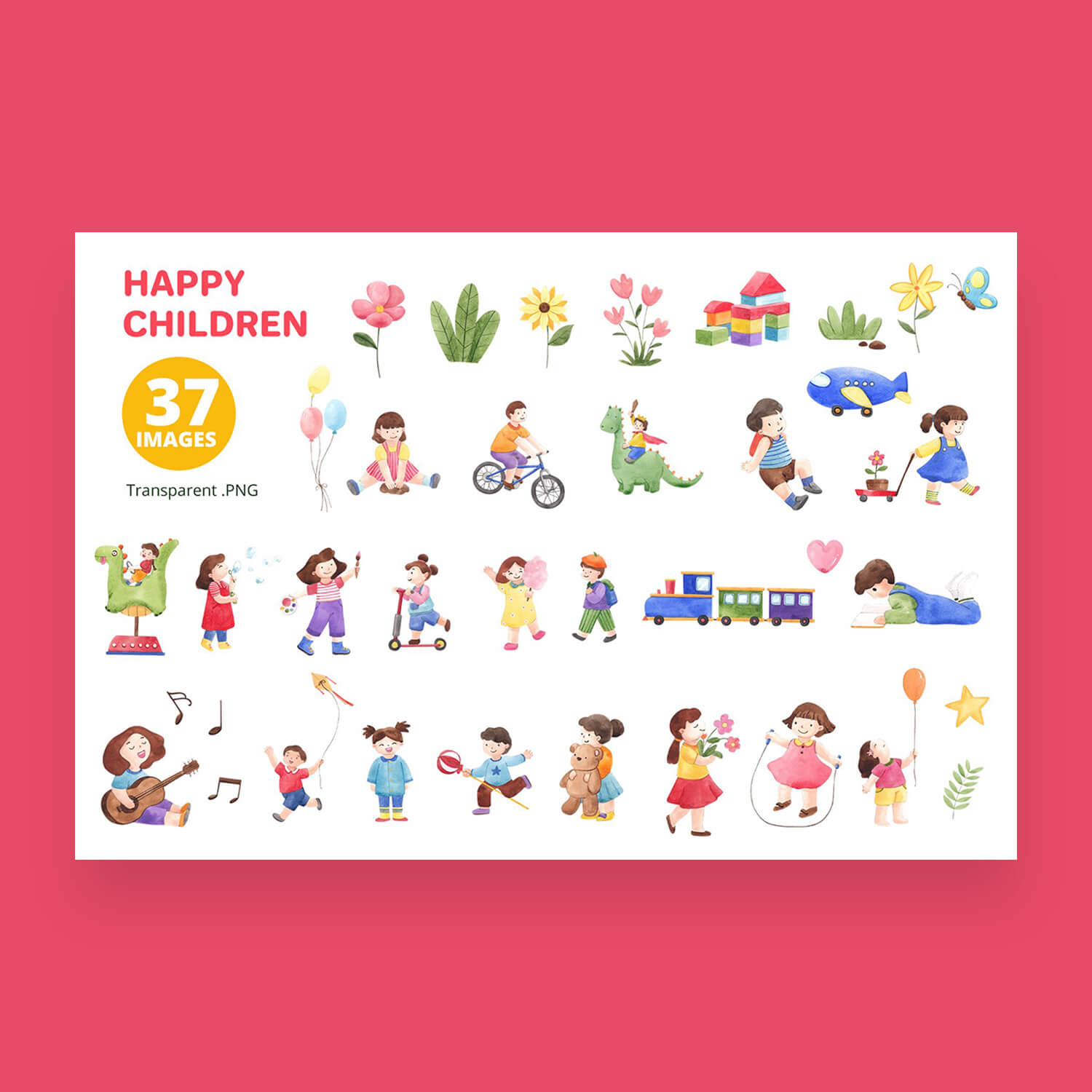 happy children spring watercolor illustration preview image.