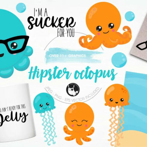 Hipster Octopus Emoji Graphics and Illustrations facebook image.