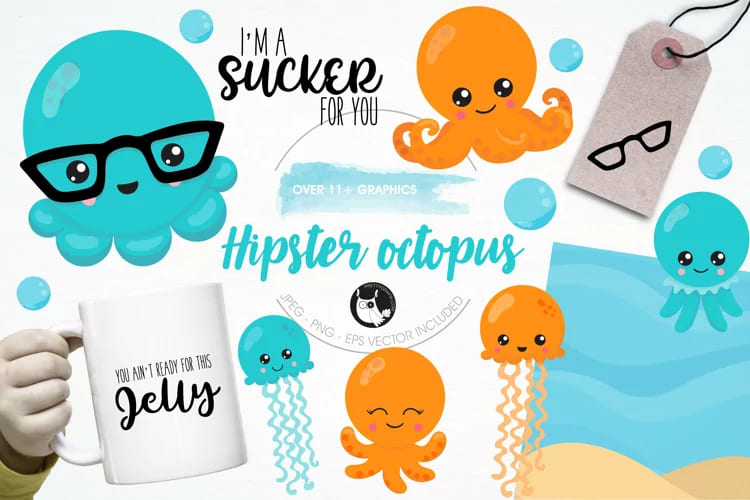 Hipster Octopus Emoji Graphics and Illustrations facebook image.