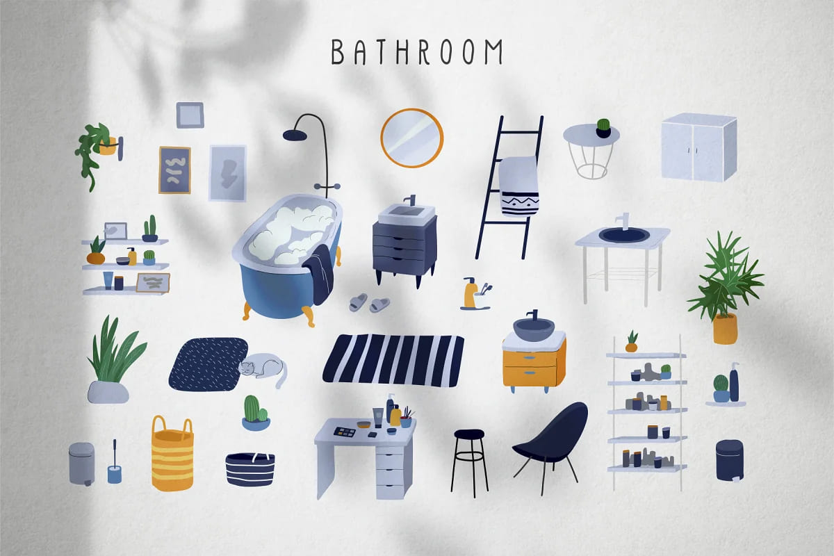 hugge furniture collection bathroom design in blue colors.