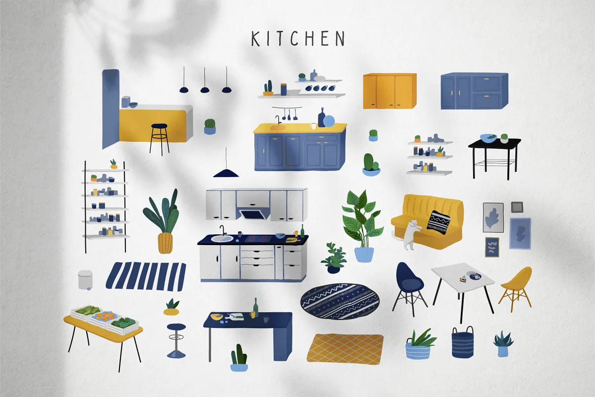 hugge furniture collection kitchen design in blue colors.