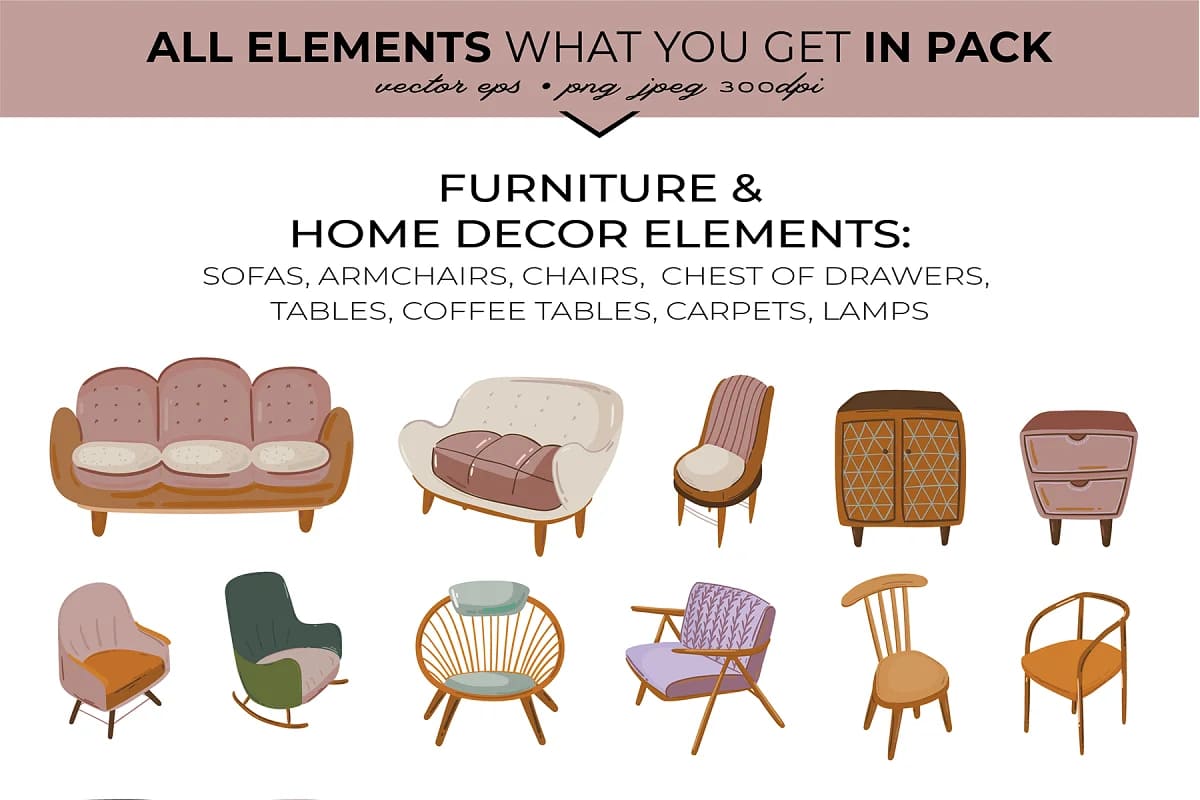 interior home decor bundle, furniture and home decor elements.