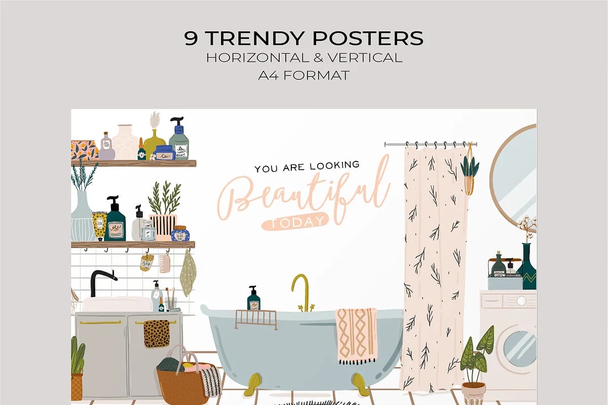 interior home decor bundle, trendy posters with bathroom designs.