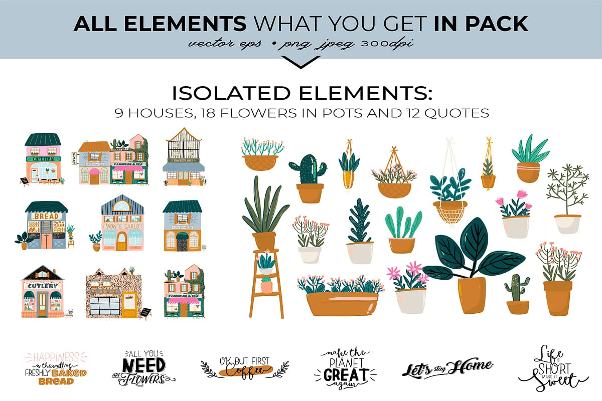 interior home decor bundle elements of houses and flowers.