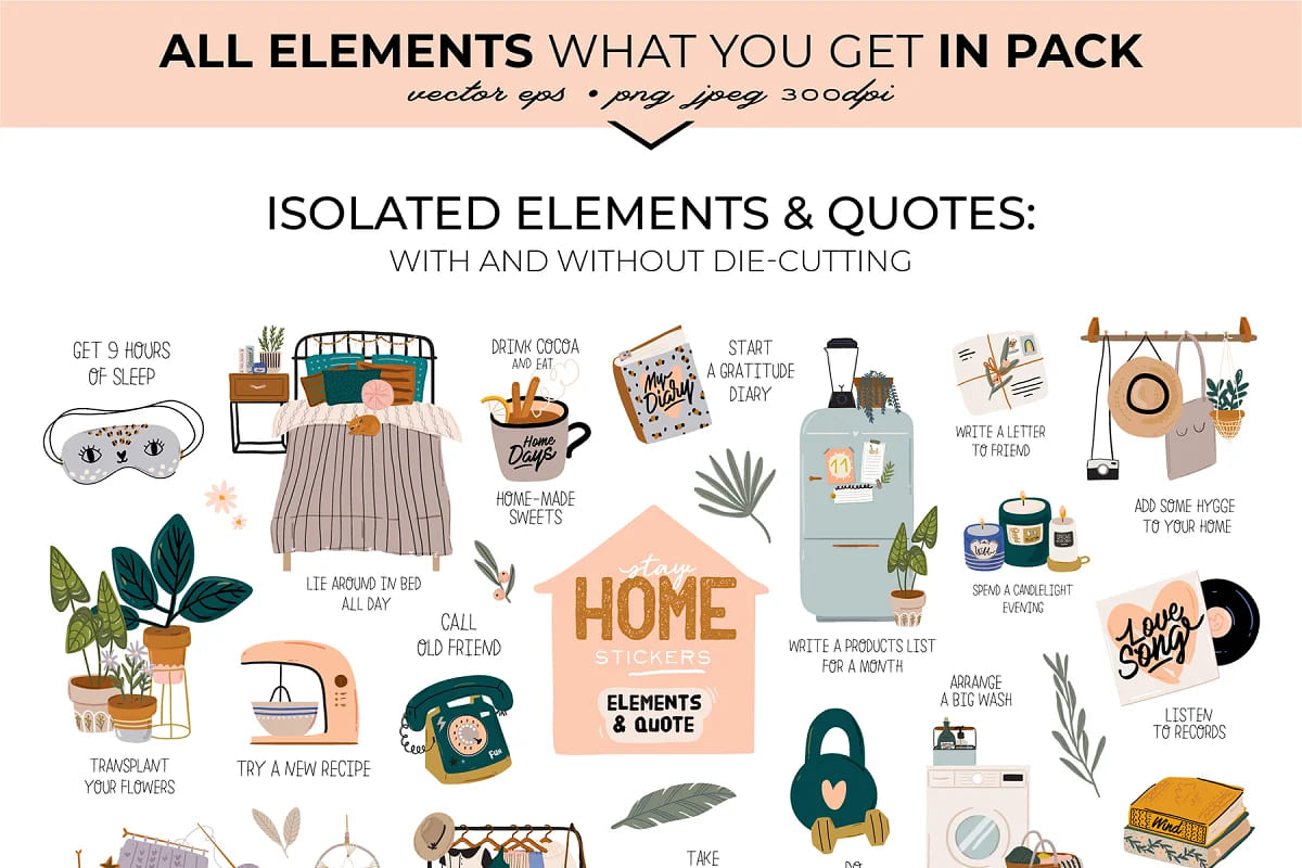 interior home decor bundle isolated elements and quotes.
