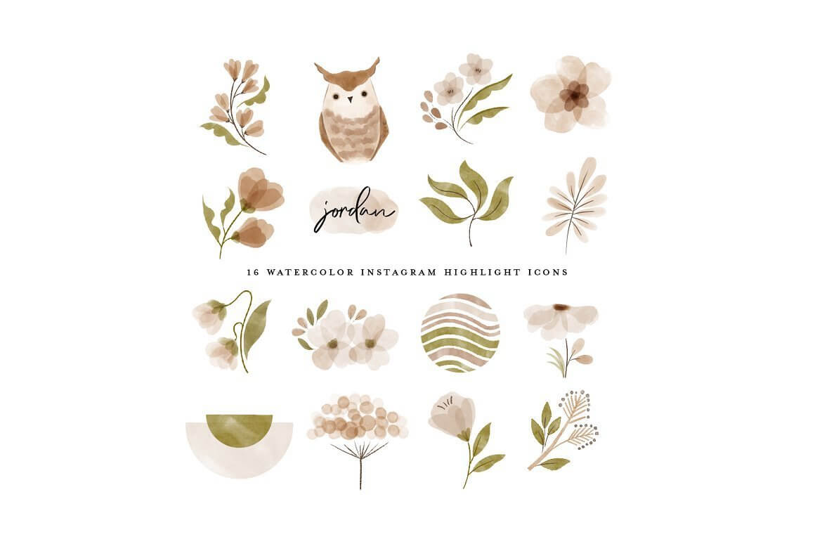 16 Watercolor Icons Plants and Owl Instagram Highlight in Brown.