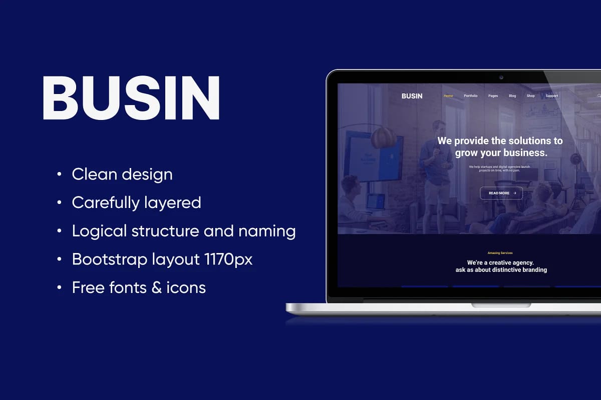 landing psd figma template busin suits to any lines of business.