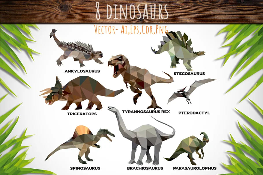 Set of 8 Low Poly Dinosaurs facebook image.