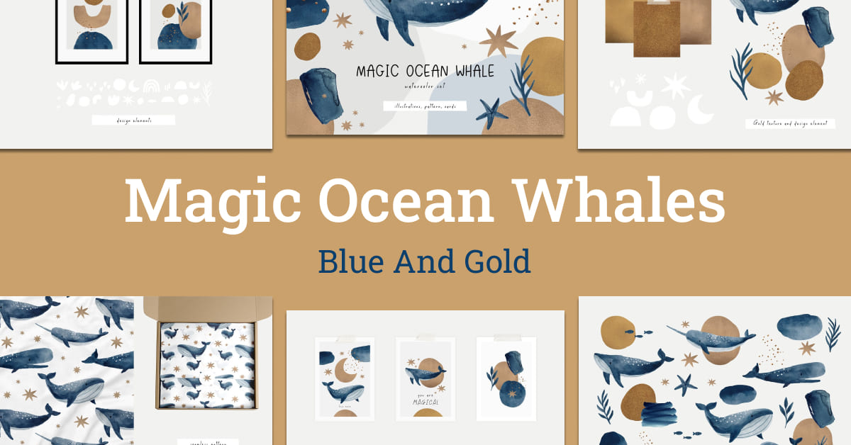 magic ocean whales. blue and gold paintings.