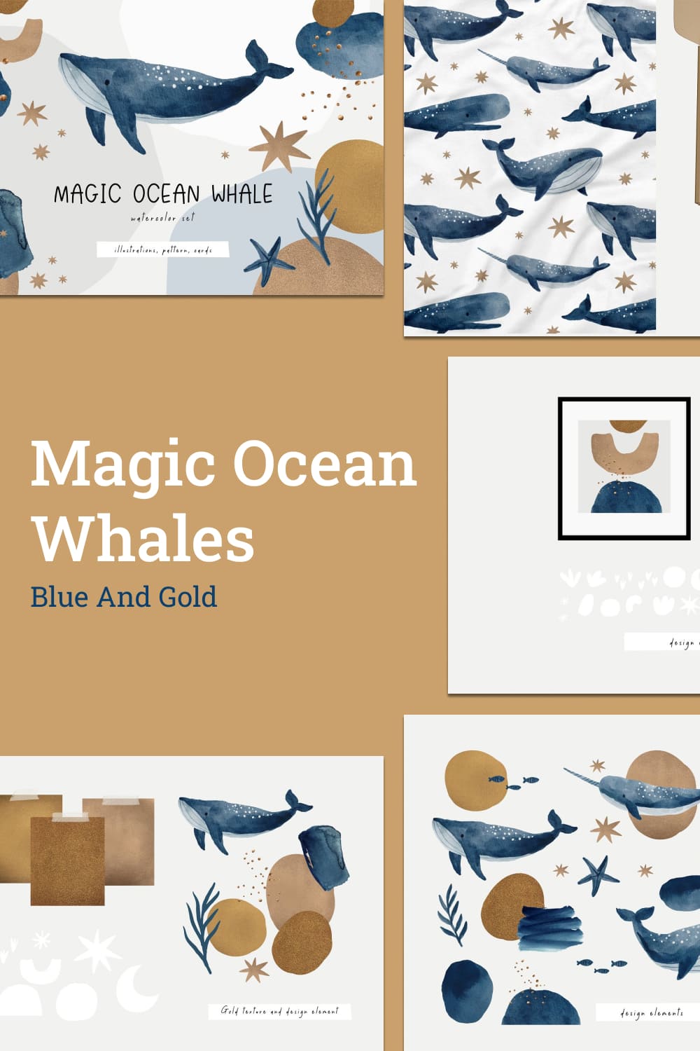 magic ocean whales. blue and gold collection.