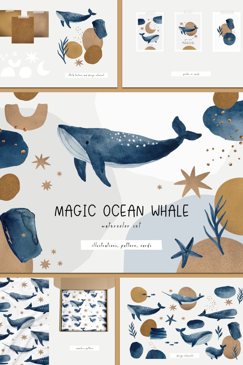 magic ocean whales. blue and gold set.