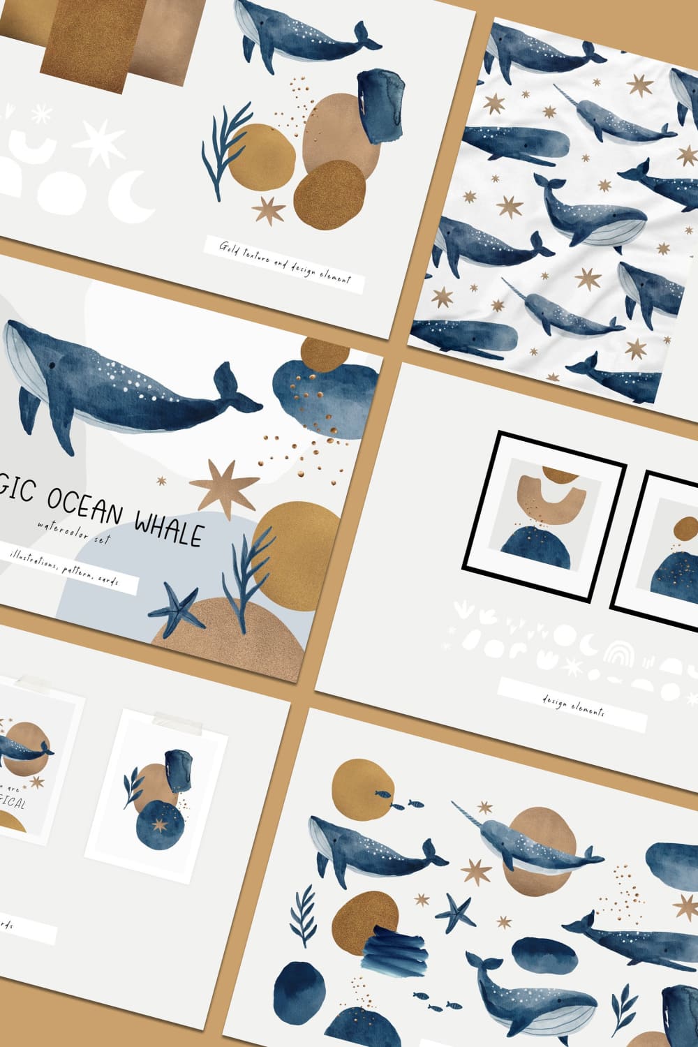 magic ocean whales. blue and gold illustrations.