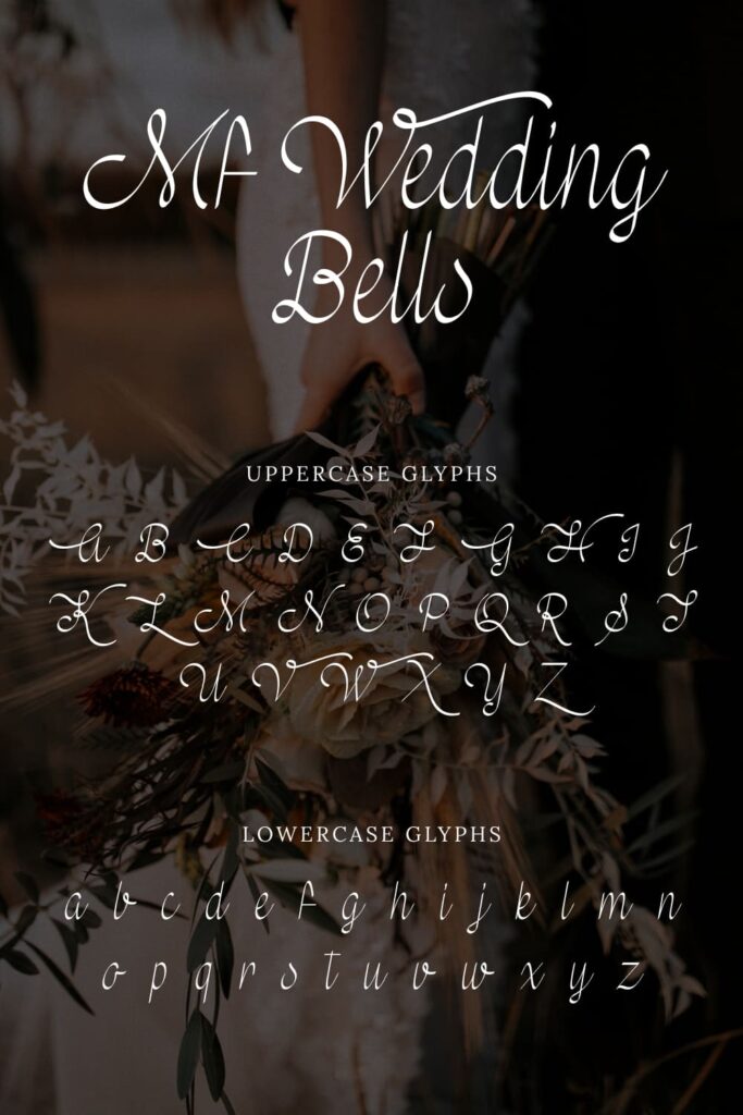 Mf Wedding Bells Free Font Pinterest preview with uppercase and lowercase clyphs.