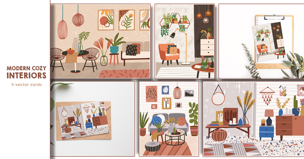 modern cozy interiors illustrations collection.