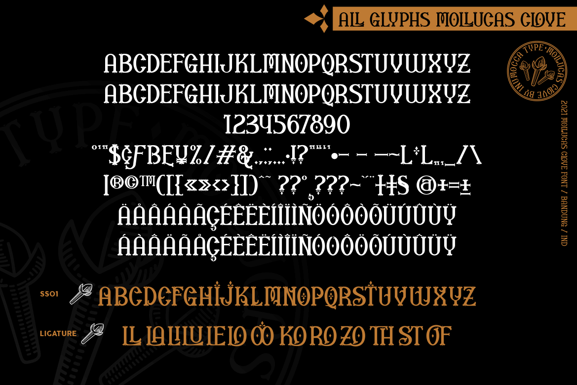 mollucas clove unique vintage display font all symbols example.