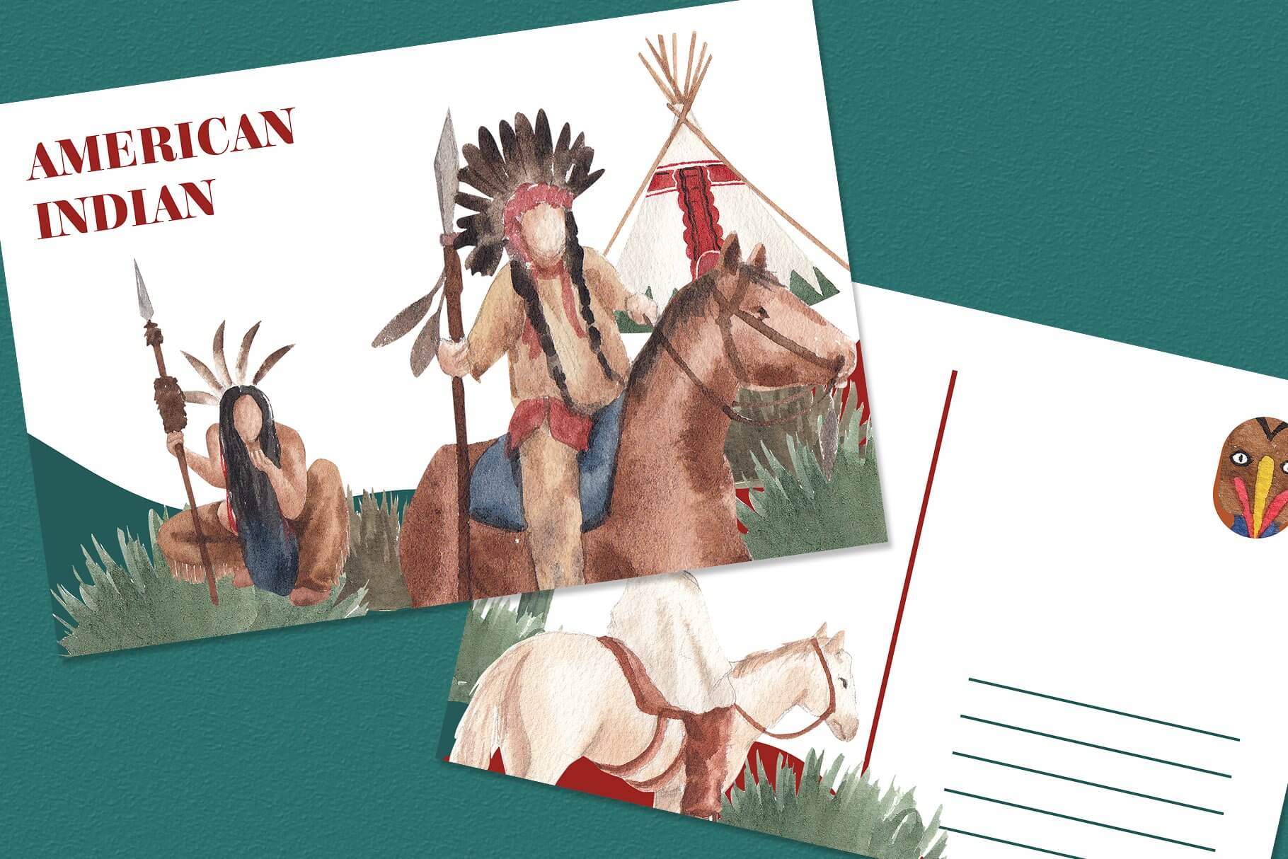 native americans vintage style watercolor illustration one more postcard example.
