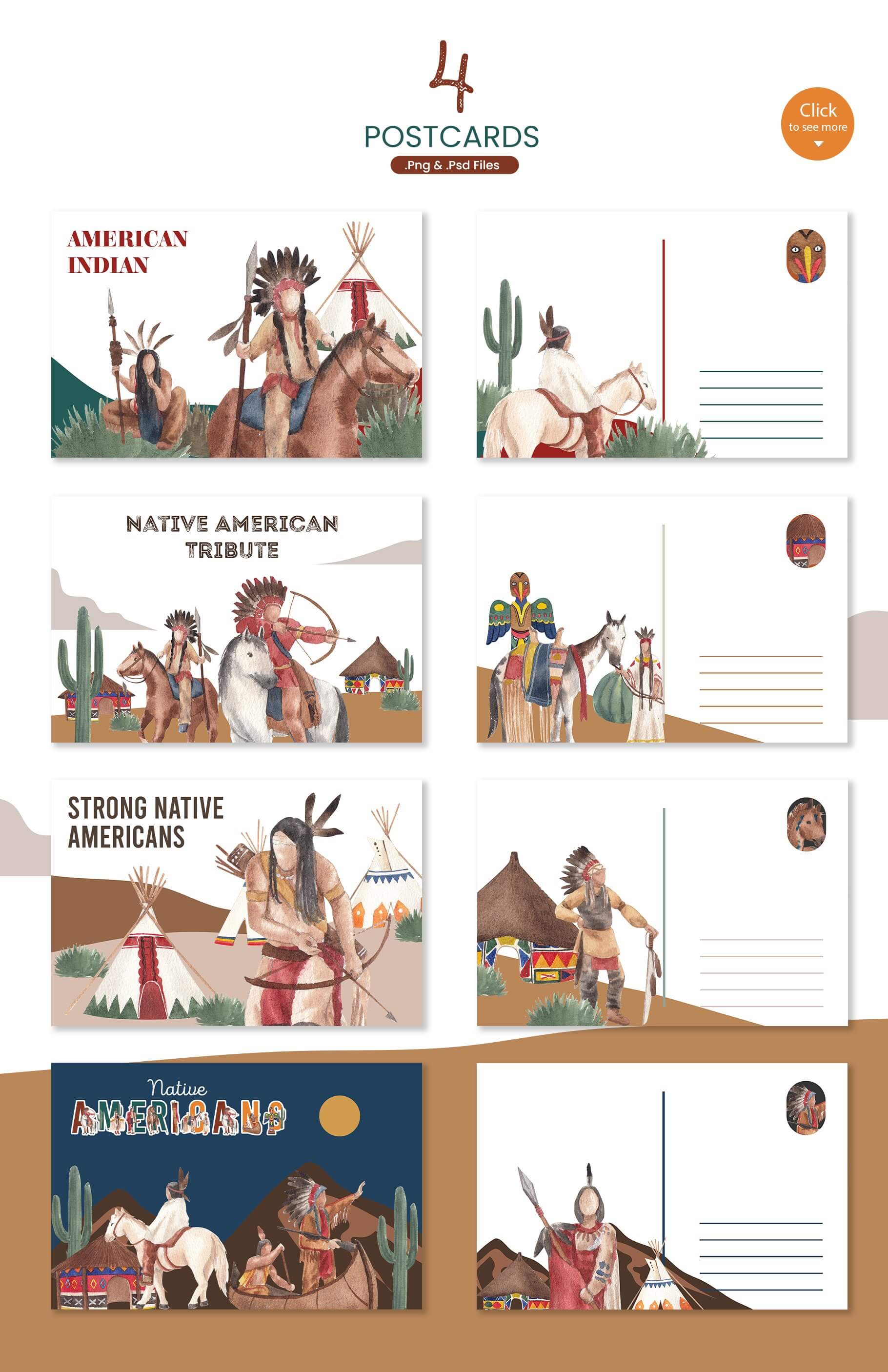 native americans vintage style watercolor illustration postcards example.