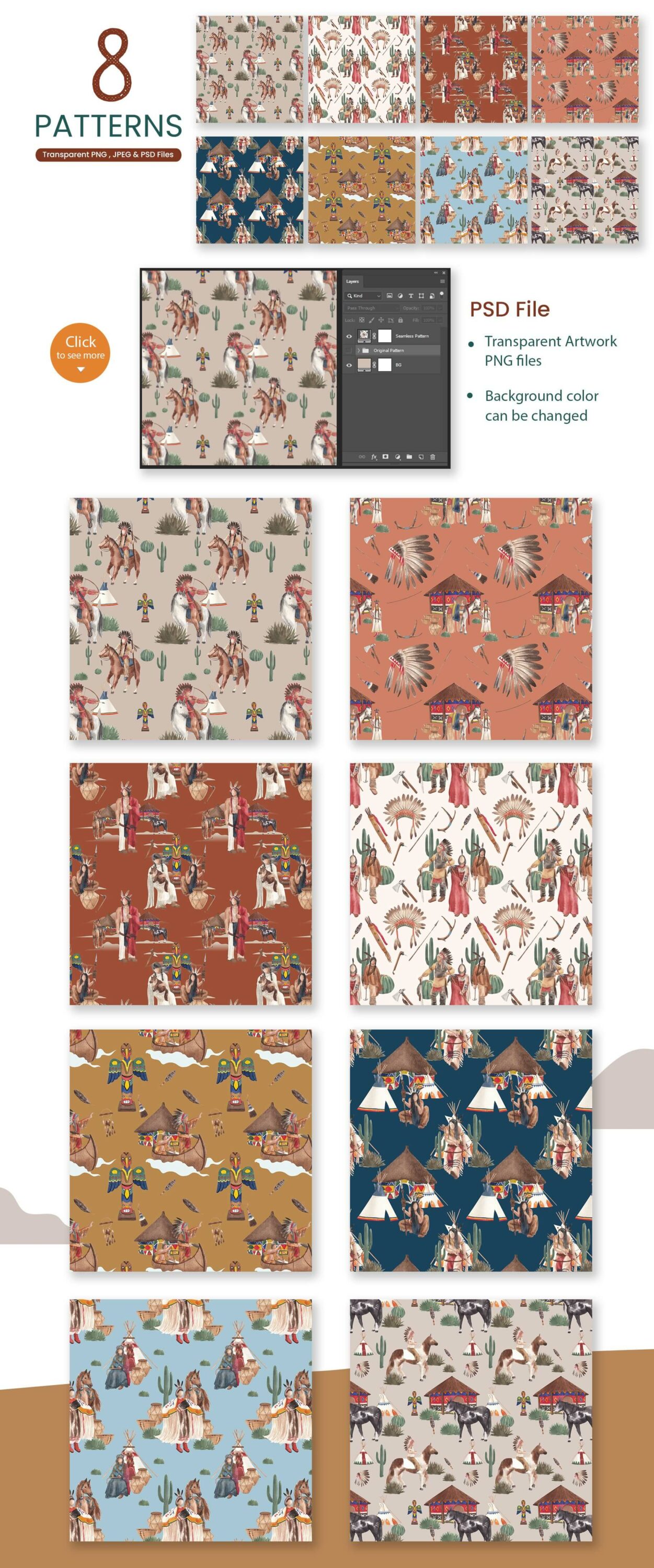 native americans vintage style watercolor illustration pattern items