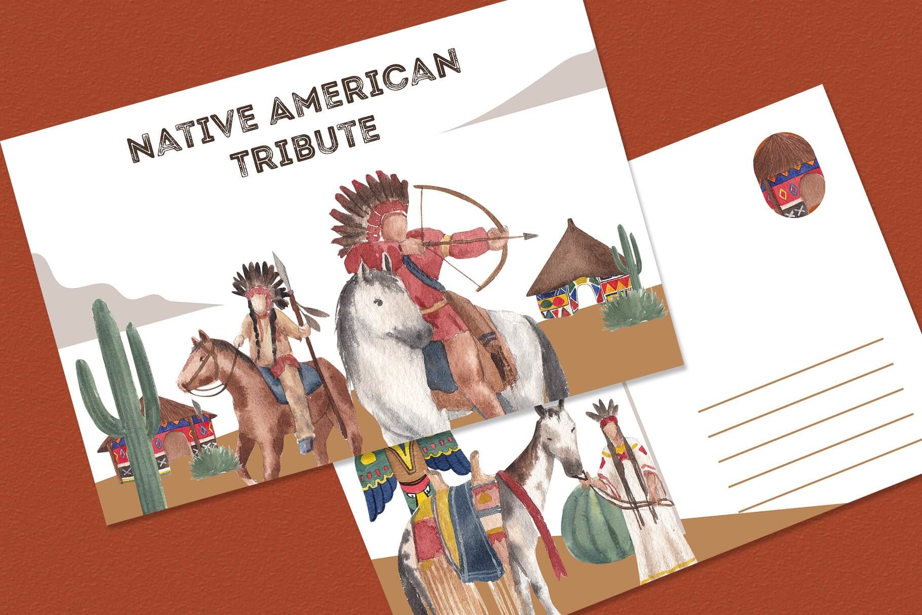 native americans vintage style watercolor illustration postcard.