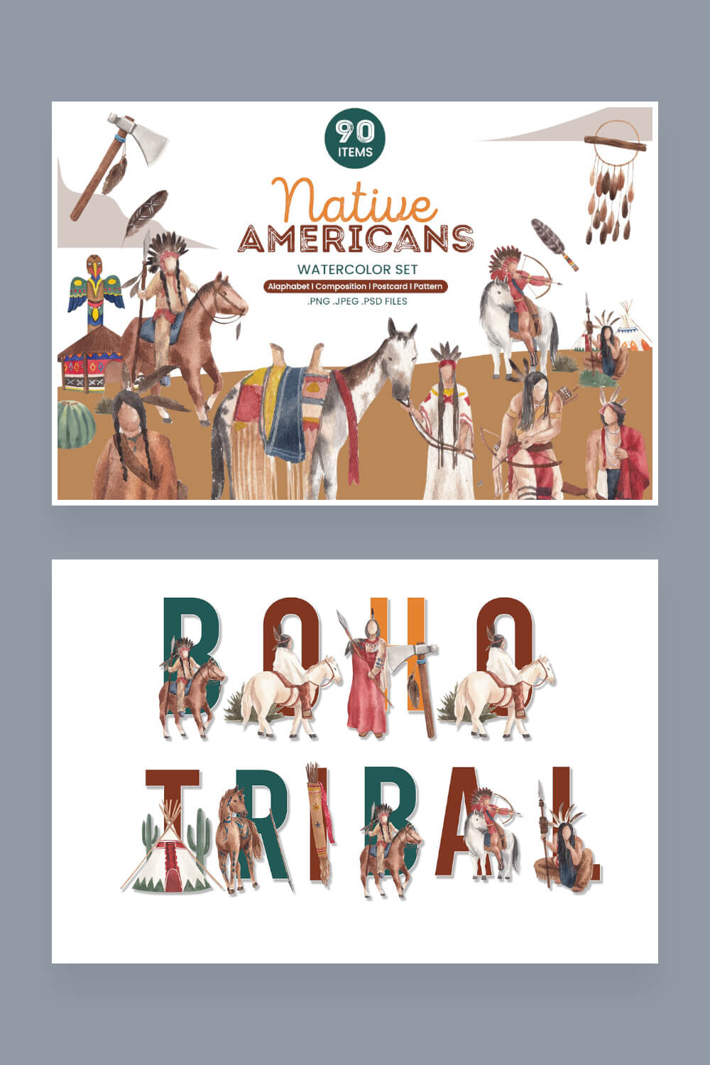 Collage of images of painted Indians with horses and on the background of large letters.