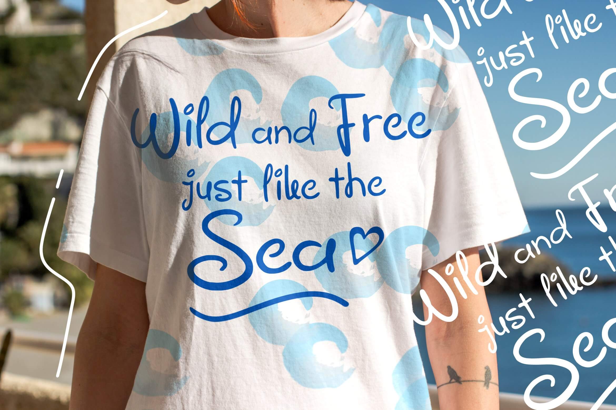oceanic cocktail freestyle handwritten font t-shirt print example.