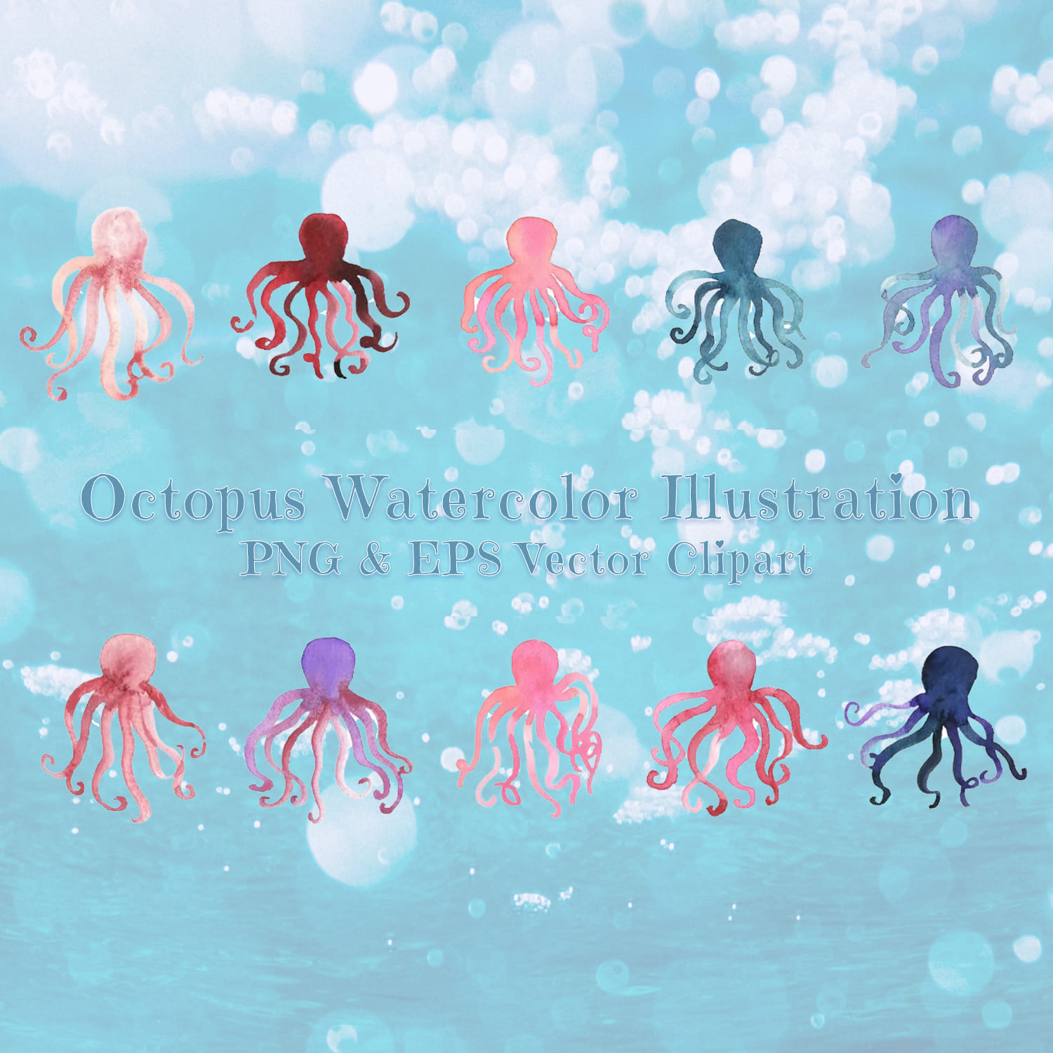 Octopus Watercolor Illustration |PNG & EPS Vector Clipart cover image.