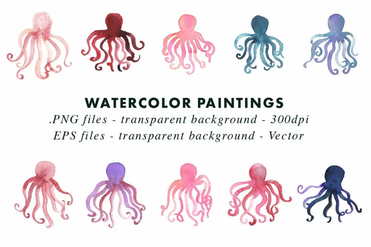 octopus watercolor illustration set.