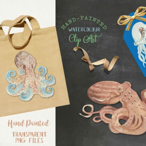 octopus watercolors elements collection.