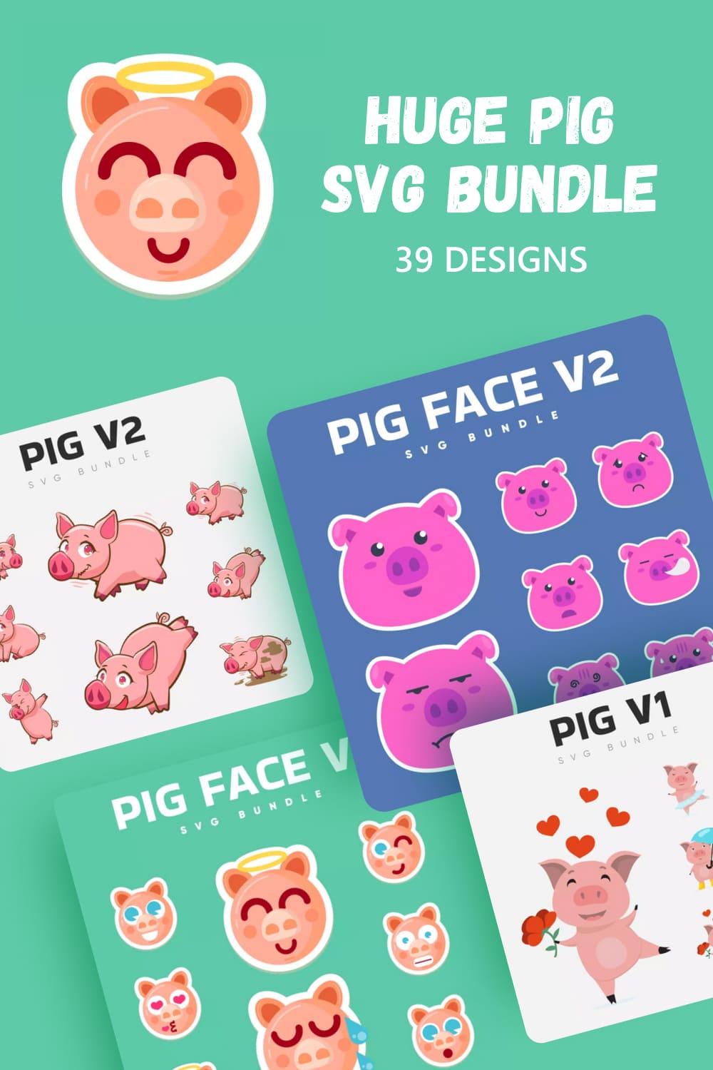 Pig face stickers are shown on a green background.