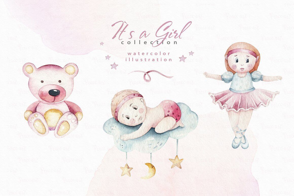 Toys teddy bear, ballerina, angel in a pink diaper are made for little princesses.