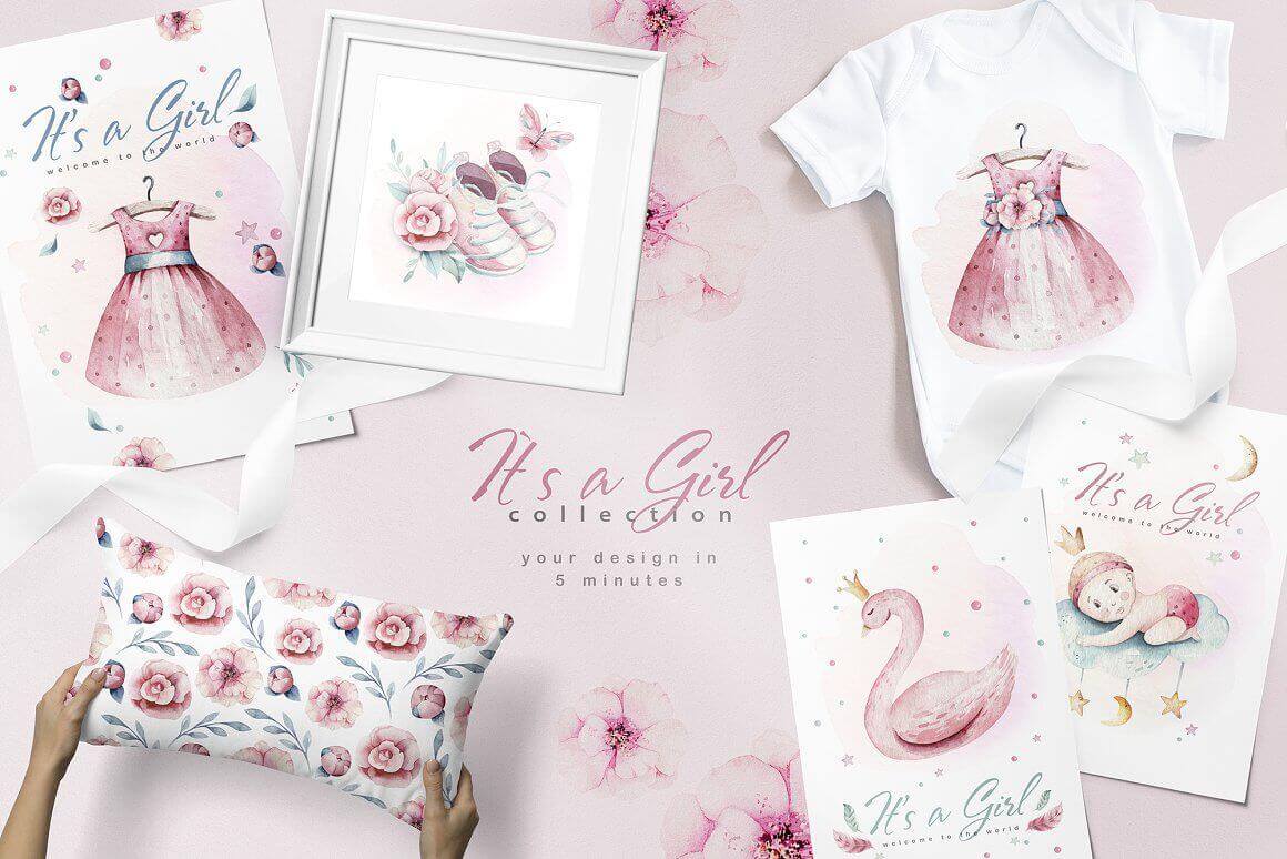 Pillowcase with roses, postcards, pictures with shoes and bodysuits with painted dresses on a pink background.