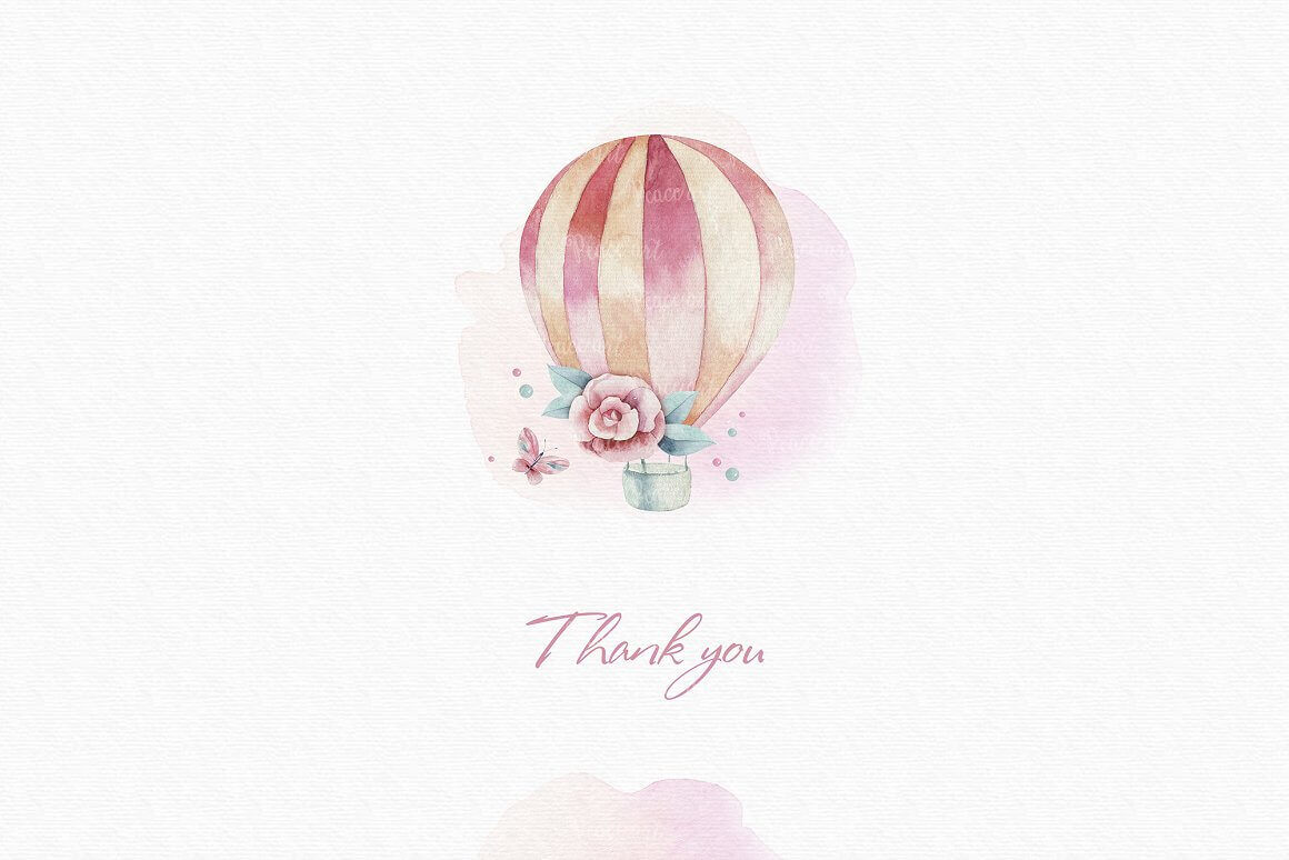 On a white sheet, a balloon with the inscription thank you is painted in watercolor.