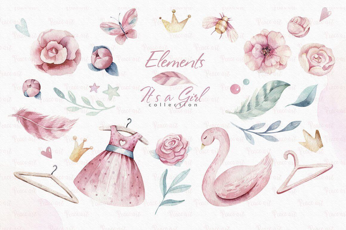 Pink dresses, hangers, twigs, flowers, crowns for little princesses are made in watercolor.