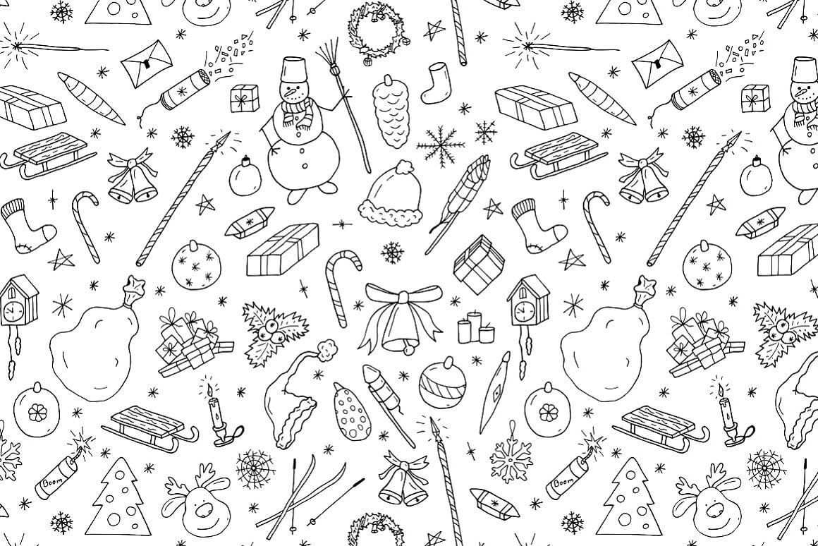 White background with contour drawings of bells, skis, pitards, candles and a snowman.