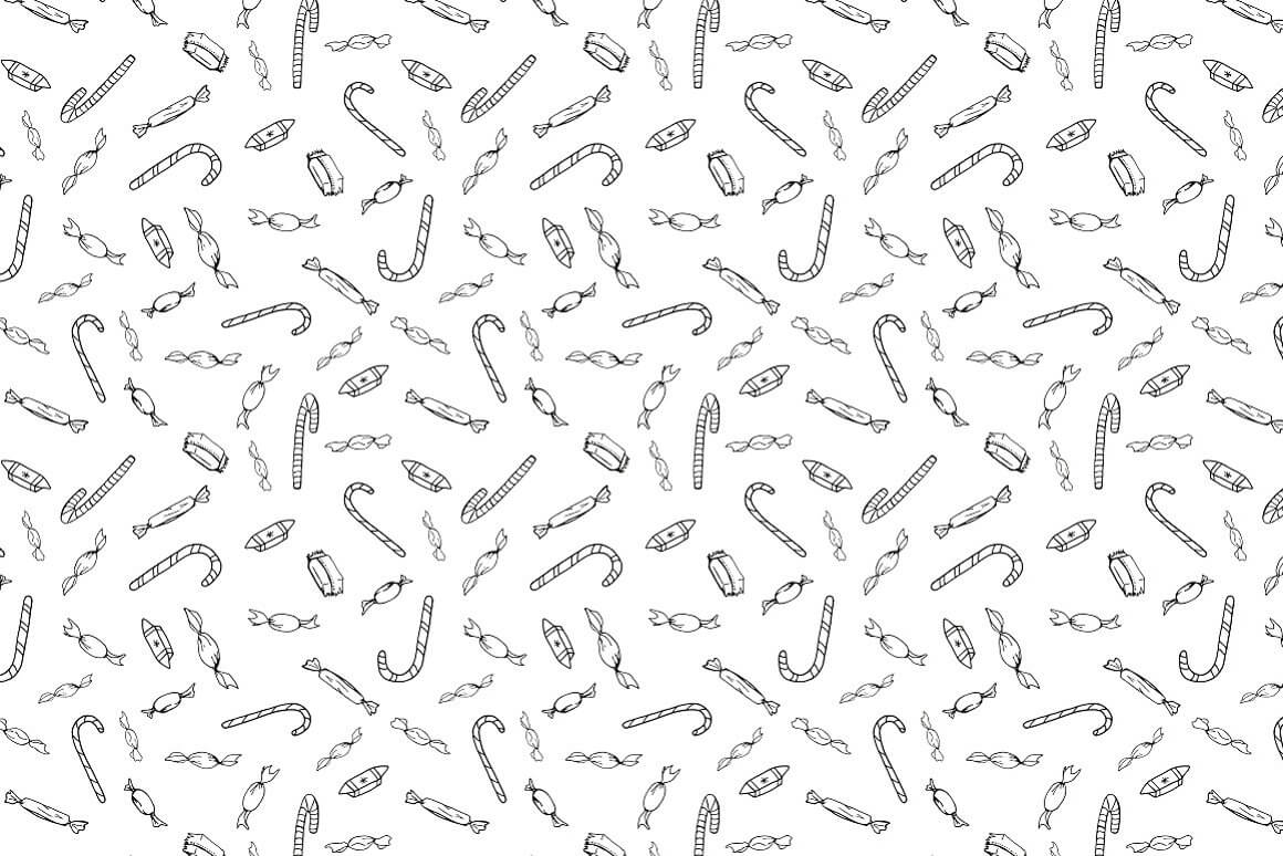 White background with black small contours of candies and Christmas sticks.