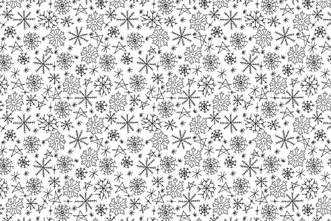 White background with many small black snowflakes and stars.