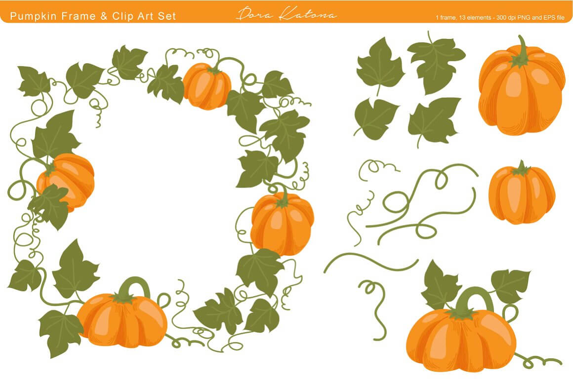 Small pumpkins with tangled green leaves.